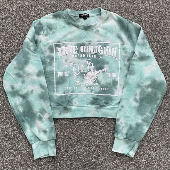 Women True Religion Buddha Green Tie Dye Shrunken Crop Sweatshirt - Size Medium - Picture 2 of 4